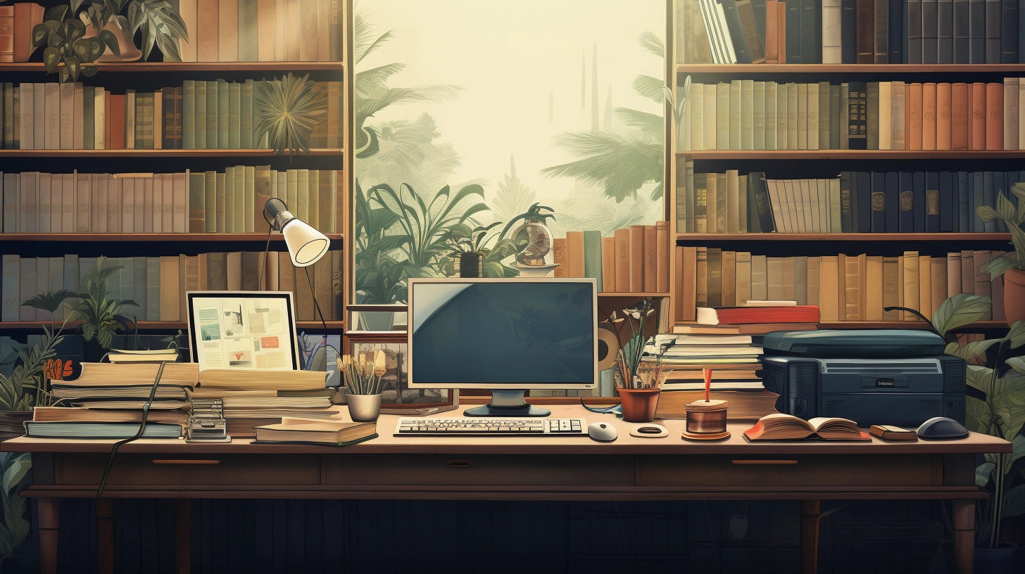 Illustrazione della scrivania di una casa editrice, un computer e dietro una libreria